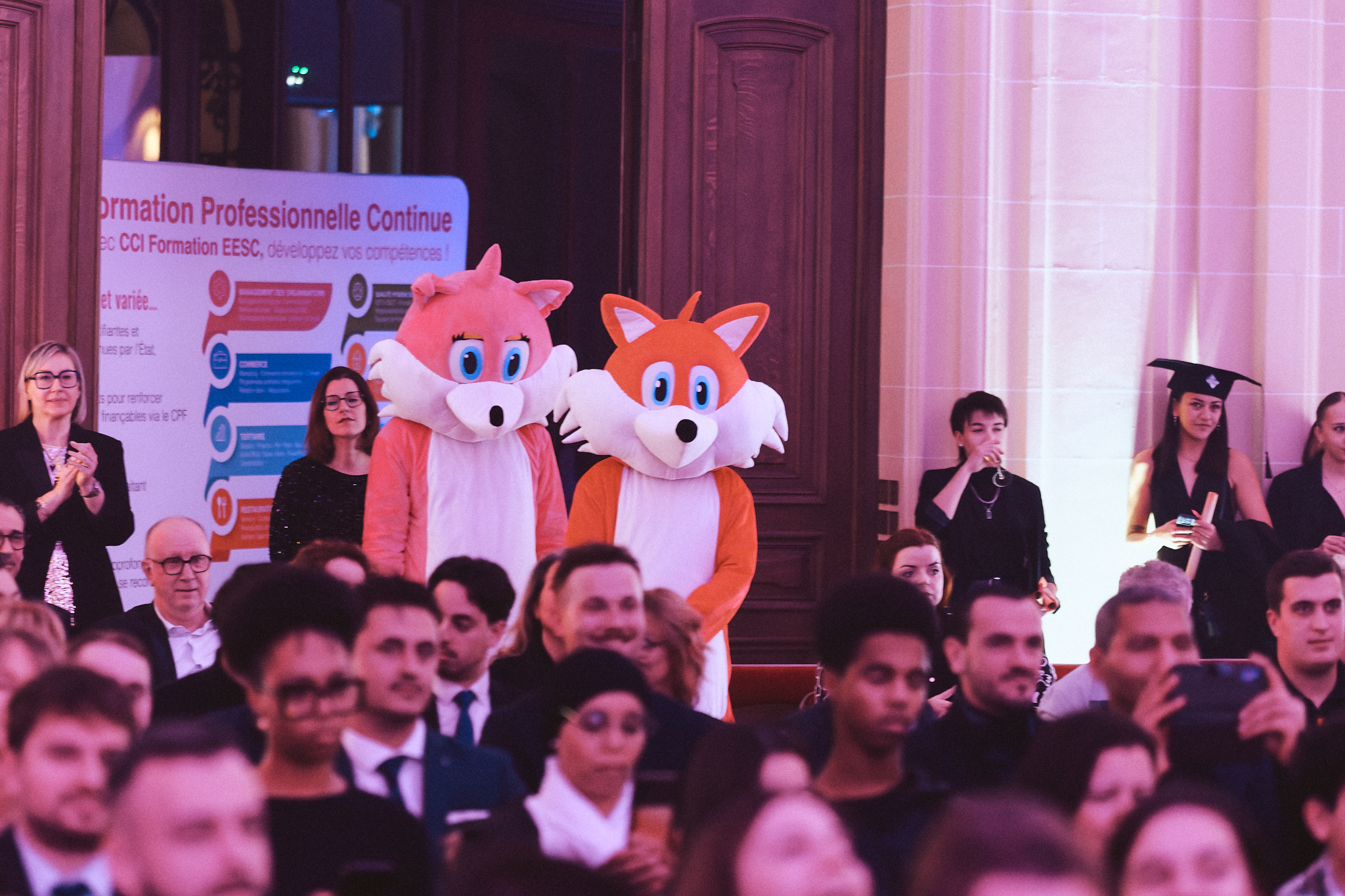Mascottes aux côtés des diplômés lors de la cérémonie CCI Formation